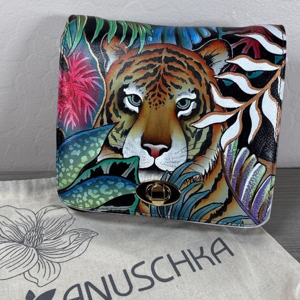 Anuschka Hand Painted Small Flap Purse‎ Tiger Forest Crossbody Handbag ~NEW